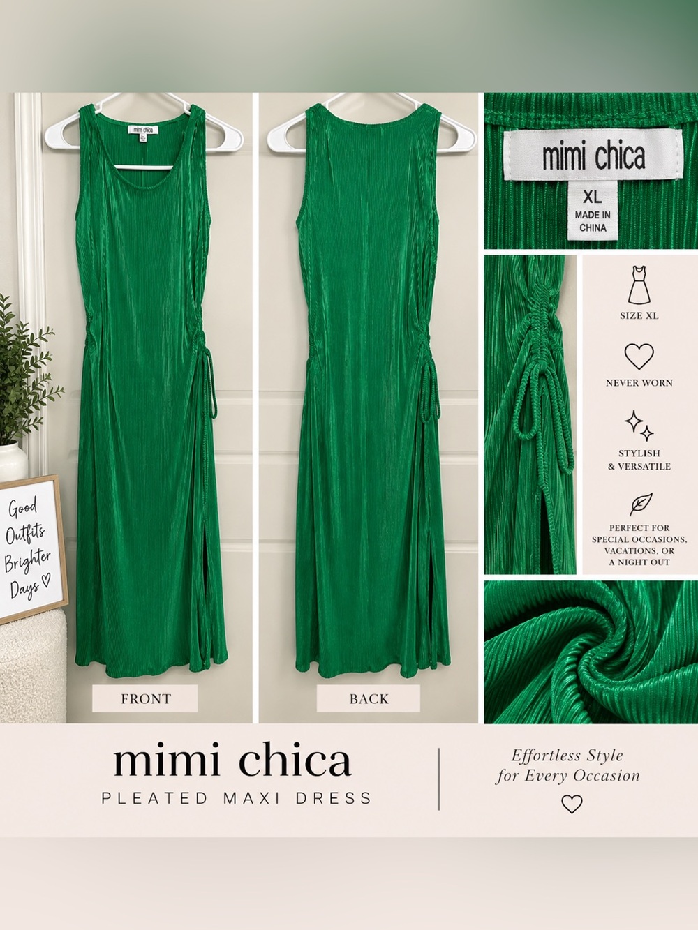 Mimi Chica Emerald Green Pleated Maxi Dress with Side Tie